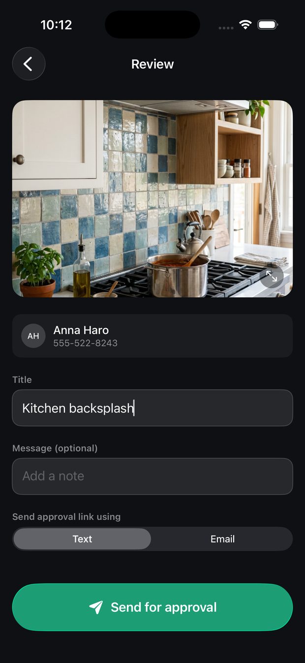 The Yepsee review screen showing a kitchen backsplash tile ready to send for approval