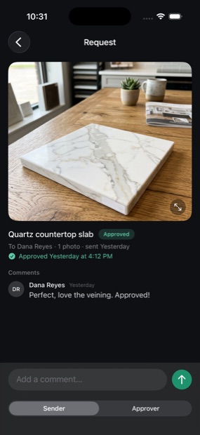 Client approving a quartz countertop photo, marked Approved with a comment