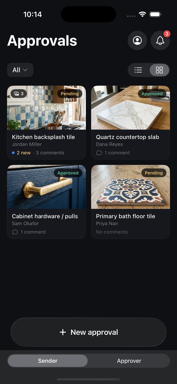 Yepsee home screen showing a grid of approvals with status